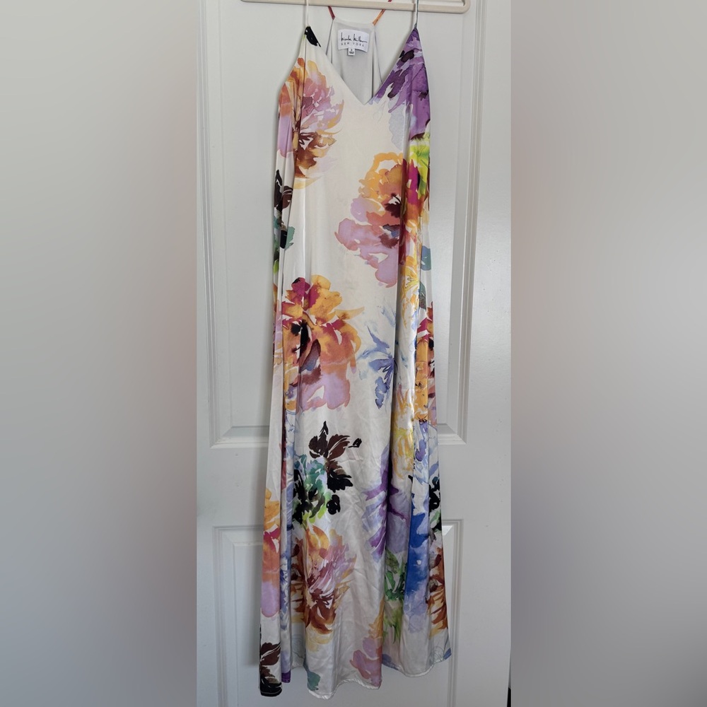 Nicole Miller Watercolor Floral Trapeze Maxi Dresssz 8 White - Picture 3 of 11